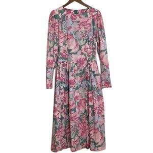 Vintage Laura Ashley Dress Womens 12 Pink Green Floral Cotton Long Sleeve Midi